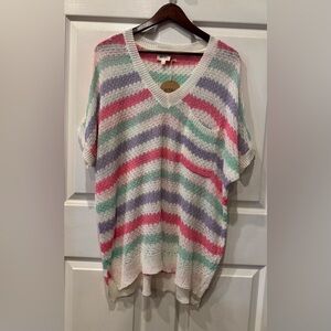 NWT Bibi White/Multicolor Striped Short Sleeve Sweater Women's Size L  Oversized